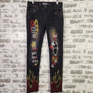 R3bel Men Skinny Fit Jeans 32x32 Black Rhinestone Flames Streetwear Always Lit